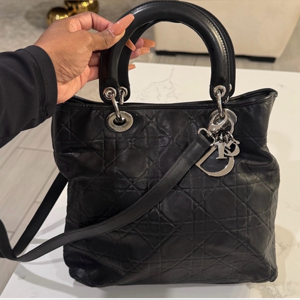 Authentic Dior Vintage Black Quilted Tote with Silver Accents
